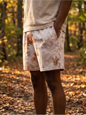 Source Unknown Leaf-Print Athletic Shorts in Cream & Brown